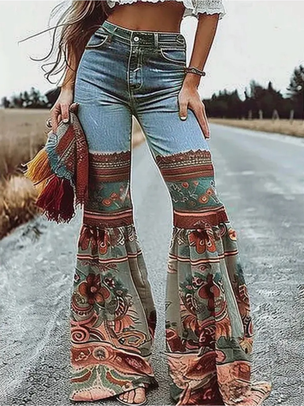 UrsimeFlared Pants Floral Printed High Waisted Pockets Denim Jean In Blue. S